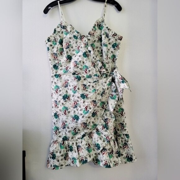 Rebecca Taylor Carnation Faux Wrap Linen Blend Dress Emerald Combo Floral - Picture 2 of 4